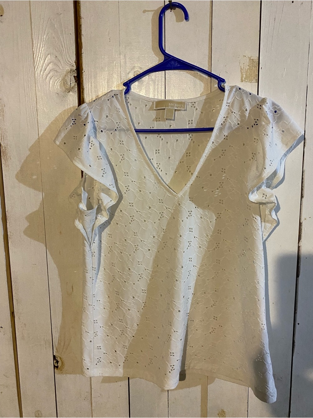 Michael Kors White Eyelet Ruffle Sleeve V-Neck Blouse